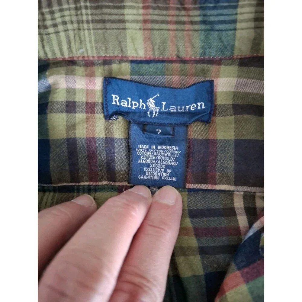 Vtg Ralph Lauren Madras Plaid Button Down Shirt Boys LS Fall Preppy EUC